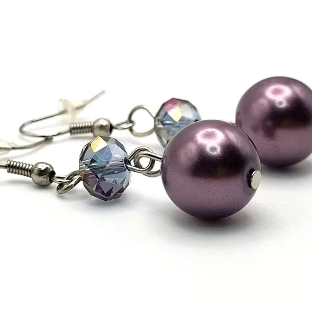 Gray Glass Faux Pearls and AB Glass Beads Silvertone Drop Dangle Hook Earrings‎